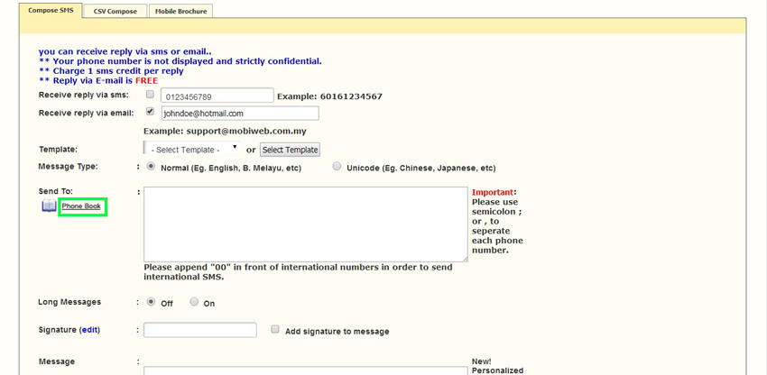 Click Phone Book to select contacts