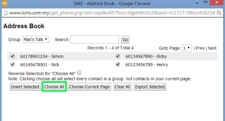 Choose all contacts in the group