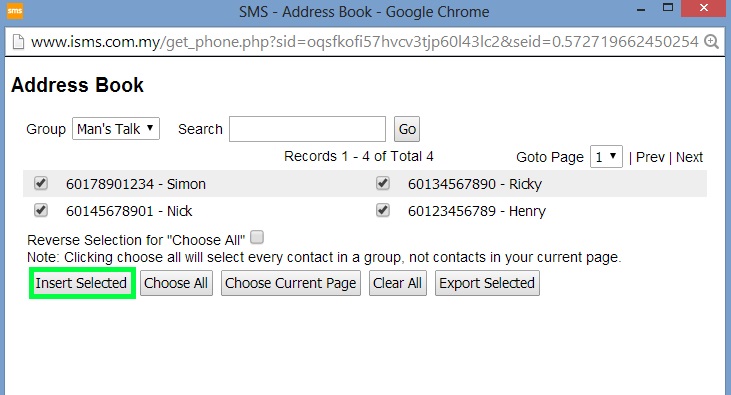 Click Insert Selected
