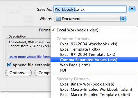 Select CSV format