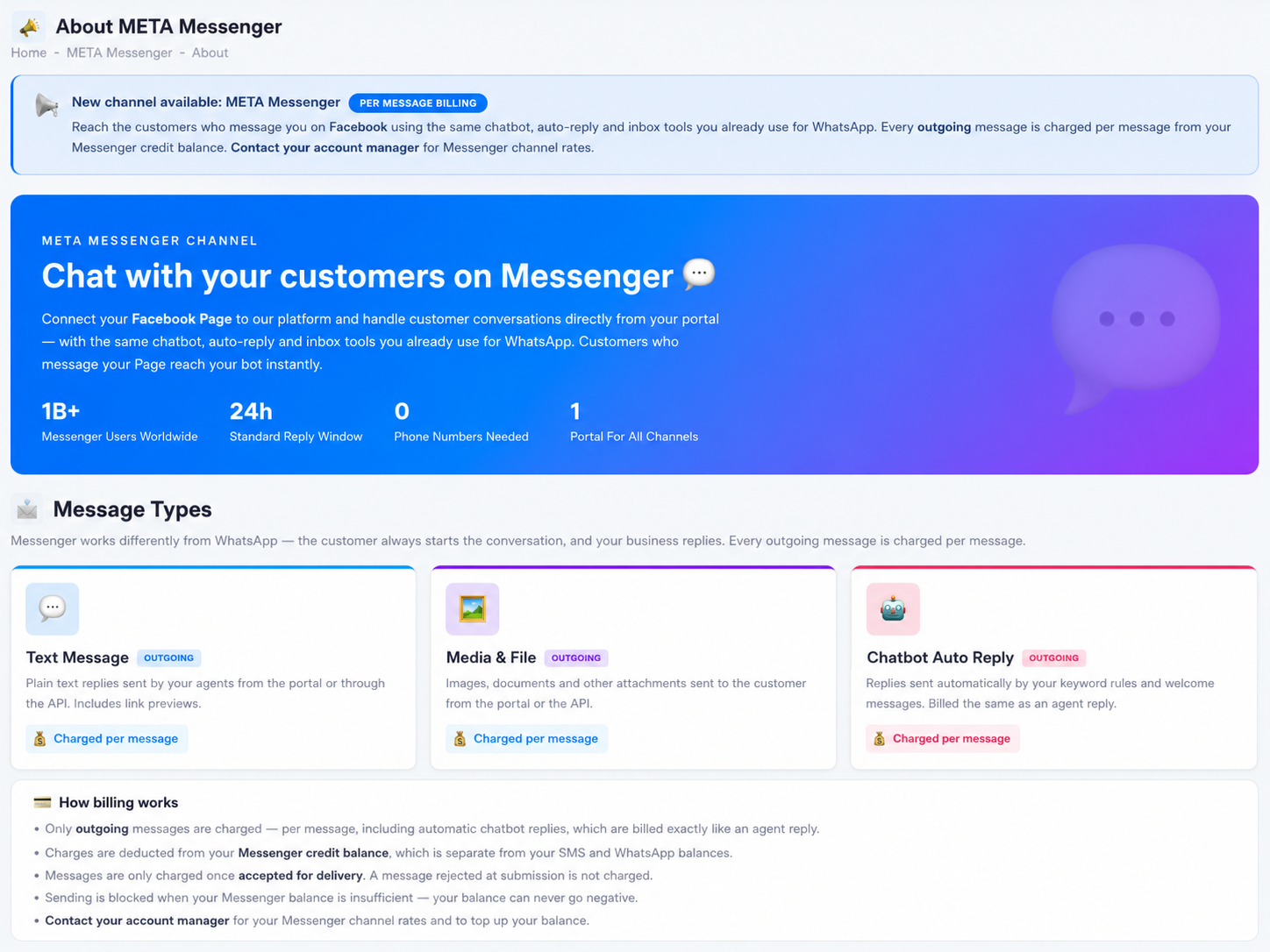 The About Meta Messenger page: the Messenger channel overview, key stats, the three outgoing message types, and the how-billing-works rules.