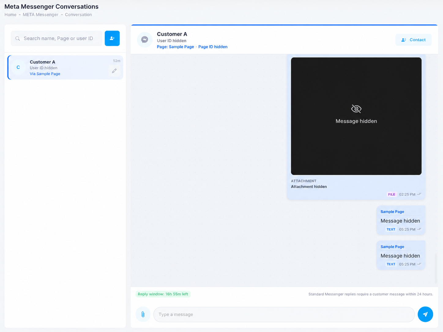 The Meta Messenger Conversations inbox: a searchable conversation list on the left and the open chat thread on the right, with the reply-window countdown above the message composer.