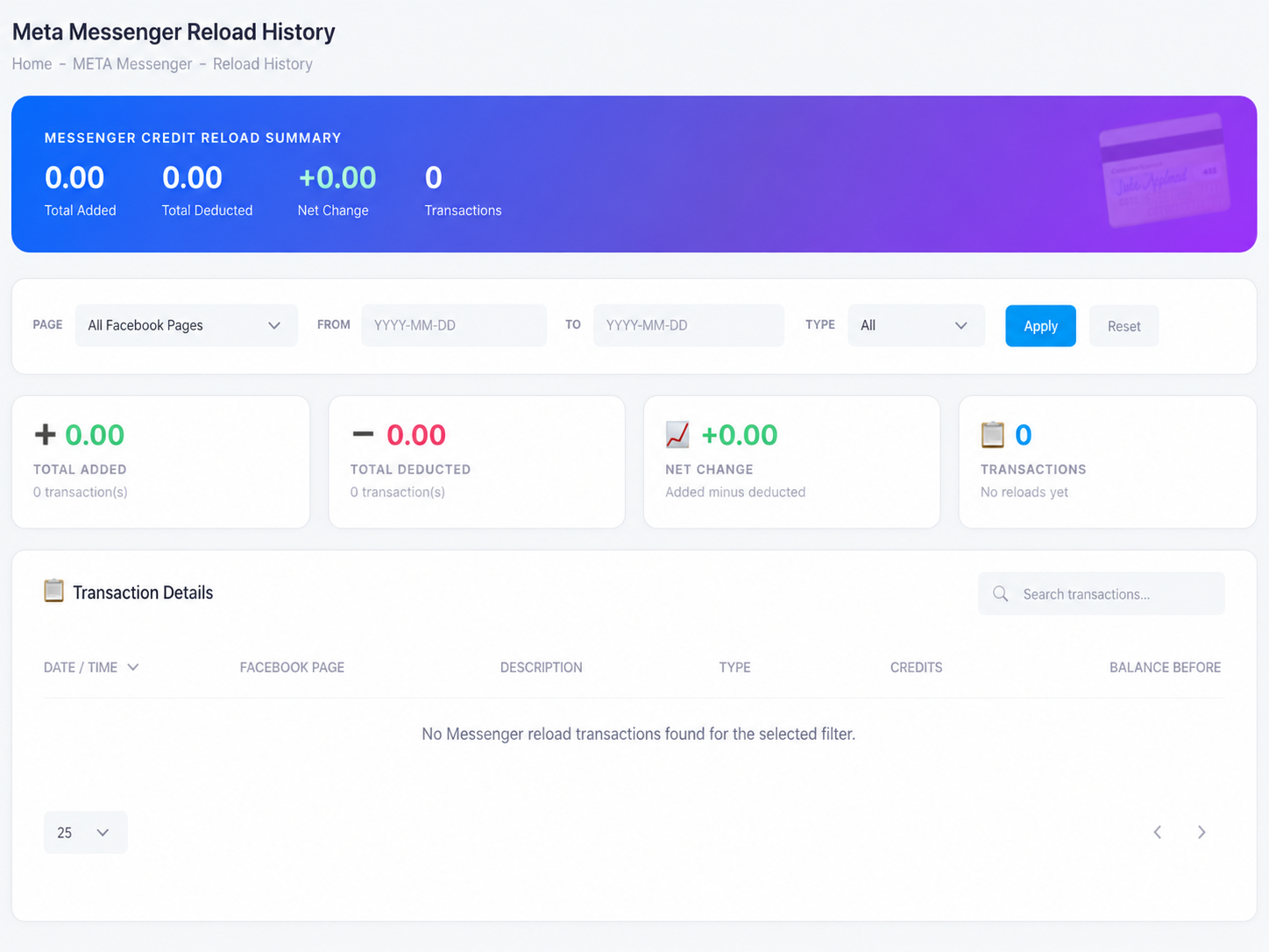 The Meta Messenger Reload History page: totals for added, deducted, net change, and transactions, filters by Page, date, and type, and the transaction details table.