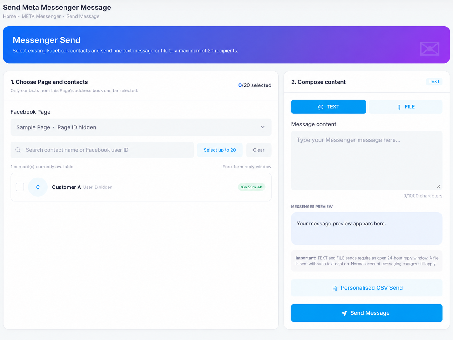 The Send Meta Messenger Message screen: choose a Facebook Page and up to 20 contacts with reply-window badges on the left, compose a text or file with live preview on the right.