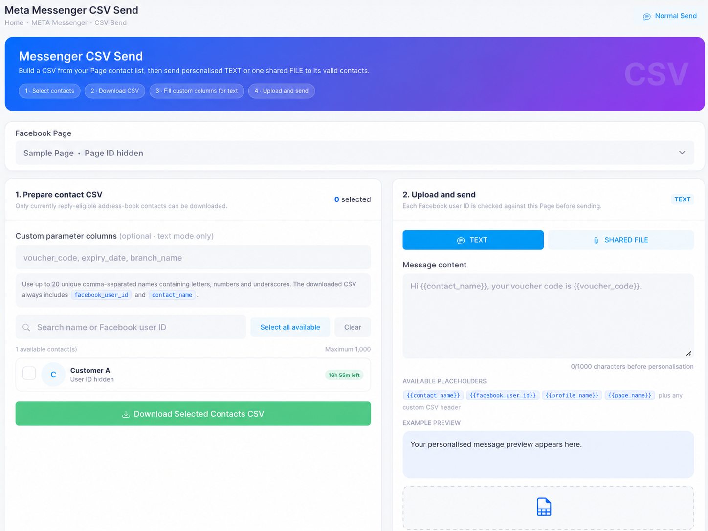 The Messenger CSV Send screen: prepare the contact CSV with custom parameter columns and reply-eligible contacts on the left, and the text composer with placeholders and preview on the right.