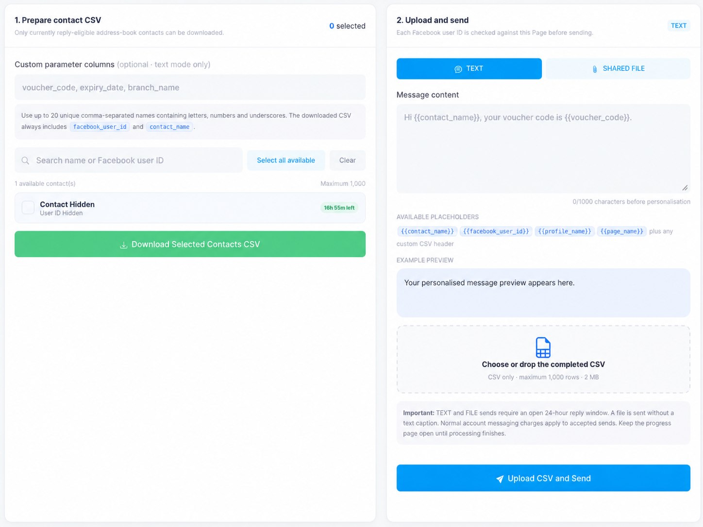 The Messenger CSV Send upload panel: TEXT or SHARED FILE mode, available placeholders, example preview, the CSV drop zone with the 1,000-row and 2 MB limits, and the Upload CSV and Send button.
